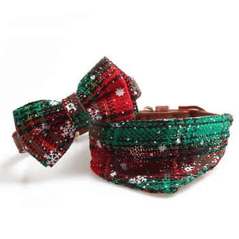 

Christmas snowflake pattern bowknot pet collar, made of leather, leash, fine workmanship, cat collar, dog collar, pet supplies