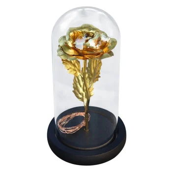 

Artificial Gold Foil Rose Flower And LED String In Glass Dome On Wooden Base The Best Gift For Valentine's Day