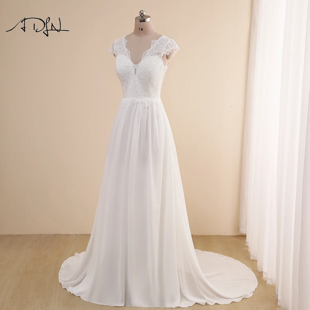 Prosty głęboki dekolt w serek Boho weselny rękawy Cap Vestido de Novia 2021 Custom Made szyfonowa plażowa suknia ślubna
