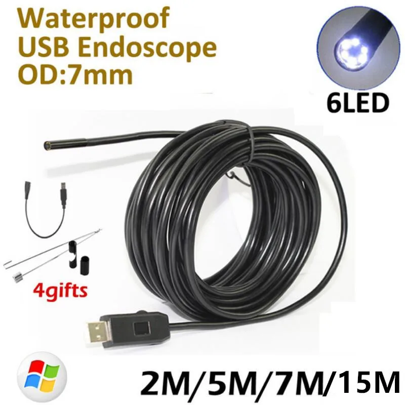 

7mm Lens 2M 5M 7M 10M 15M Endoscope USB Camera IP67 Waterproof inspection Flexible Snake USB Tube Pipe Borescope Camera 6LED