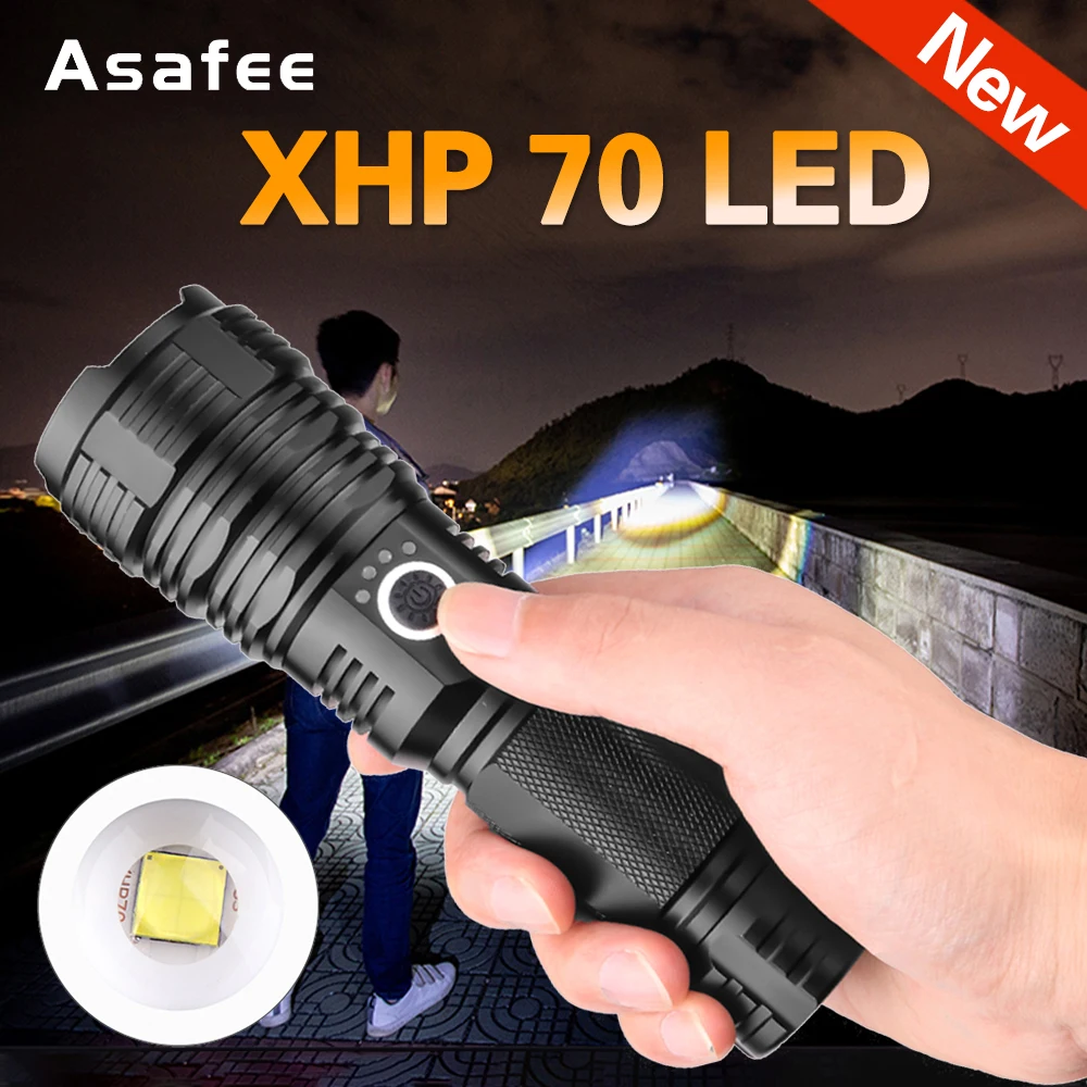 

New Powerful LED Flashlight XHP70 Rechargeable Torch USB Zoom Lantern camping Hunting Lamp Use 18650 26650 battery