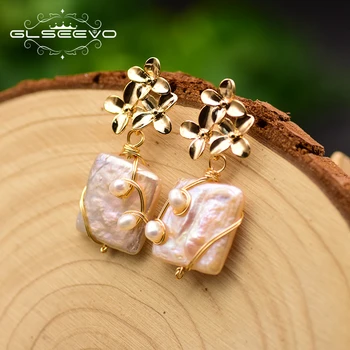 

GLSEEVO Original Design Handmade Flower Drop Earrings Natural Baroque Square Pearl Earrings For Women Fashion Jewelry GE0754