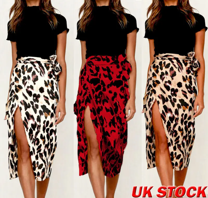 Women Leopard Print Split Midi Skirt High Waist Summer Party Cocktail Wrap Dress |