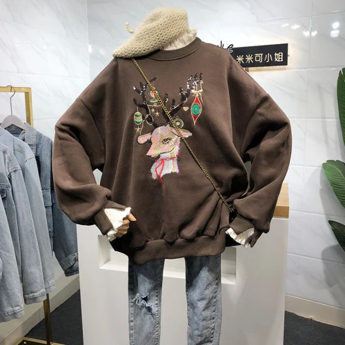 Dark Brown Новинка года! осенне-зимние толстовки из двух частей с кружевами и пайетками. Женские толстовки свободного кроя. Пуловеры и топы с героями мультфильмов - Цвет: Dark Brown