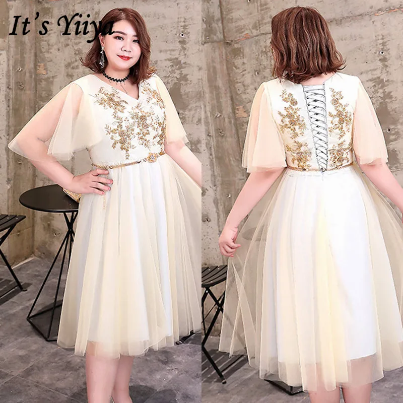 

It's Yiiya Prom Dress V-Neck Plus Size Beading Dresses Women Party Night Half Sleeve Knee-Length Crepe Vestidos De Gala DX014