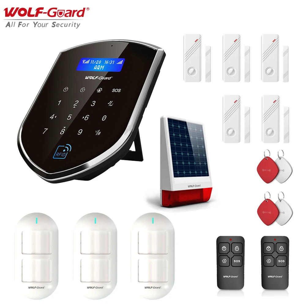 Wolf-Guard 3G GSM Wifi Wireless Home Alarm Security Burglar System DIY Kit w/ 120dB Solar Siren Door Sensor PIR Motion Detector |