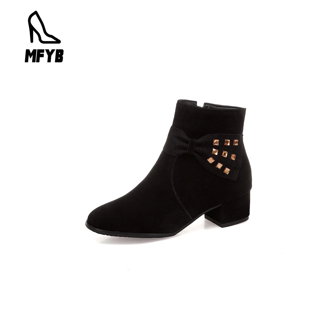 

MFYB Women's boots 2019 winter new product comfort square with rivets 40-43 large size bow low tube women's boots