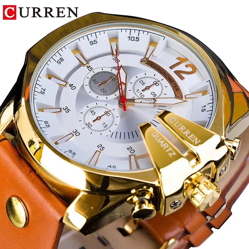 

CURREN Fashion Mens Watches Top Brand Luxury Golden Case Leather Strap Waterproof Luminous Hands Man Quartz Casual Wristwatches