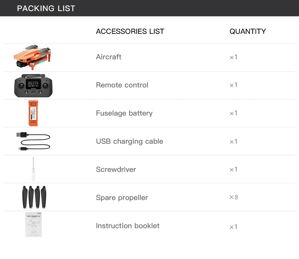 L700 PRO Drone, packing list accessories list quantity aircraft x1 4l remote control 