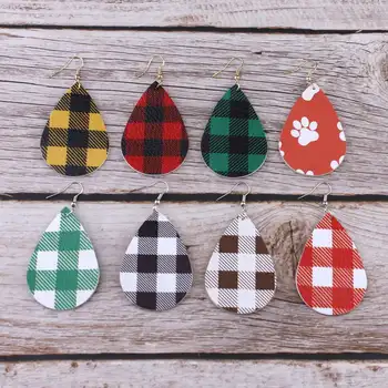 

ZWPON Fashion Red White Buffalo Plaid Leather Earrings Women Footprint Print PU Leather Teardrop Earrings Jewelry Wholesale