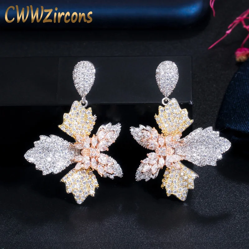 

CWWZircons шикарные висячие серьги с цветком бабочки, 3 тона, покрытые розовым золотом, с кубическим цирконием, женские серьги, элегантные ювелир...