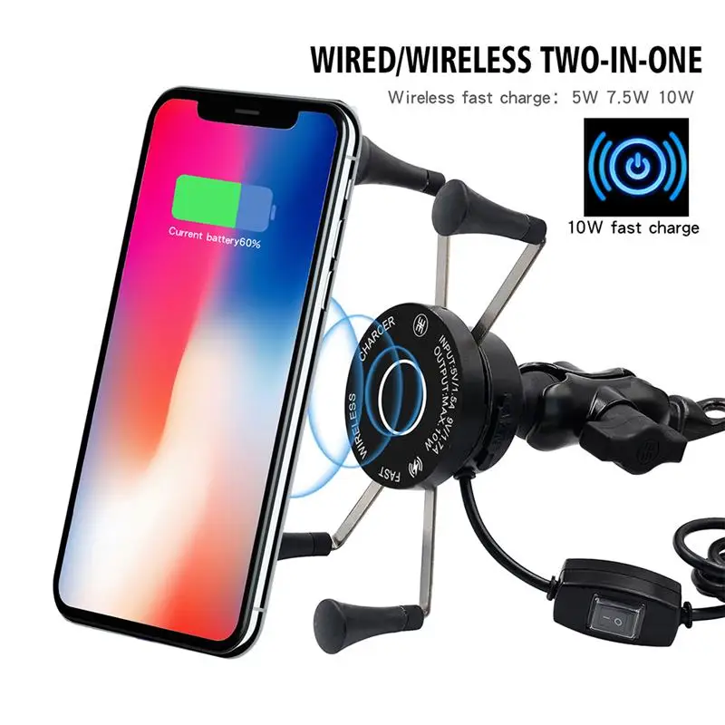 

Wireless Wired Two-in-one Charger Quick Charge 3.0 Wireless Fast Charge 360 Degree Rotation Motorcycle Phone Holder