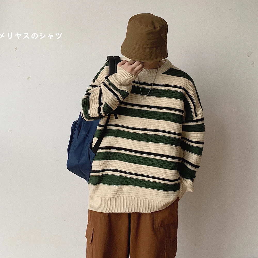 Winter Men's Stripe Printing Round Neck Coats Woolen Pullover In Warm Casual Cashmere Sweater Brand Male Knitting M-2XL