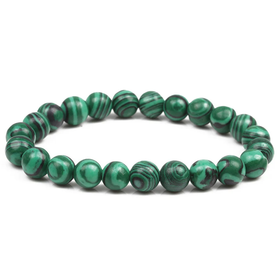 Green Malachite Натуральный мужской браслет с бисерамы 8 мм натуральный камень вулканическая порода тигровый глаз черный ониксовый матовый бусины из лечебных камней стрейч Шарм Йога женские ювелирные изделия - Окраска металла: Green Malachite