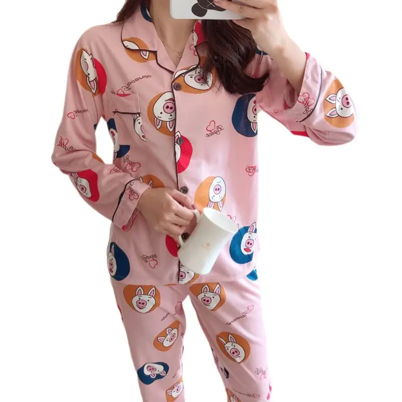 4 Женский пижамный комплект Kawaii С мультяшным принтом, пижама с длинным рукавом, на пуговицах, с круглым вырезом, свободные штаны, домашняя одежда, M-2XL, 19 видов стилей - Цвет: 4