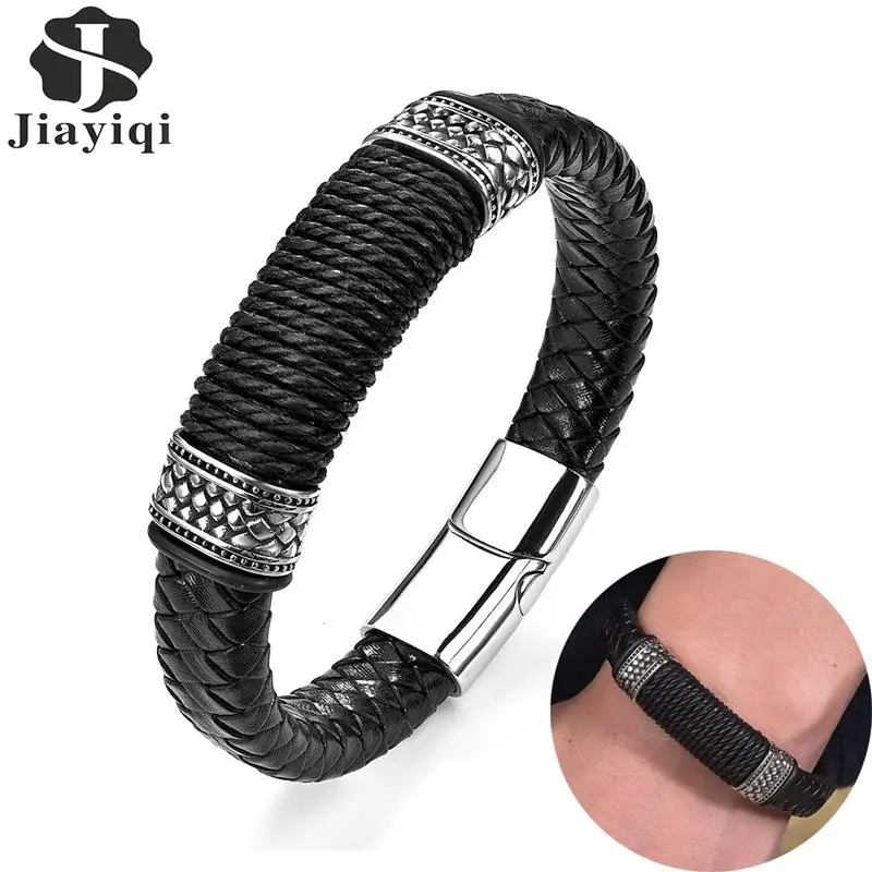 Мужской плетеный браслет из натуральной кожи с магнитной кнопкой | Украшения и