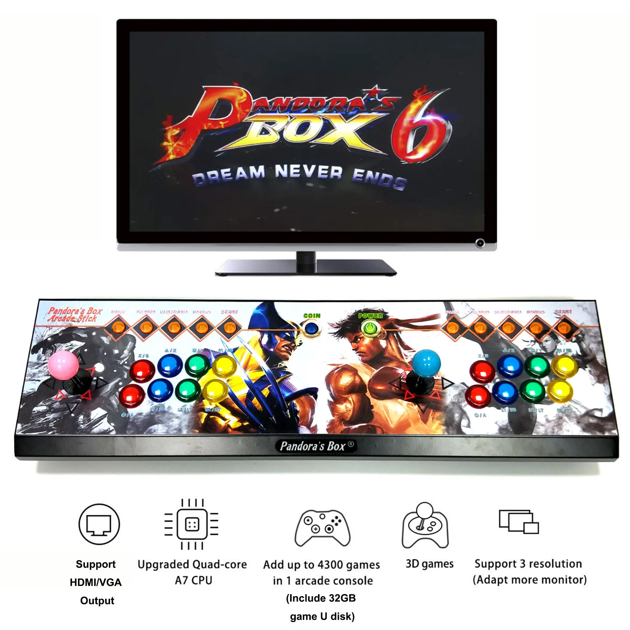 

2 player Original Pandora box 6 1300 in1 arcade console joystick button HDMI VGA Output TV controller machine Support add game