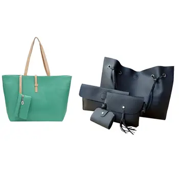 

1x Green Big Handbag Shoulder Bag PU Leather with Small Wallet Bag for Women & 4x Women Handbags Purse Shoulder Bags