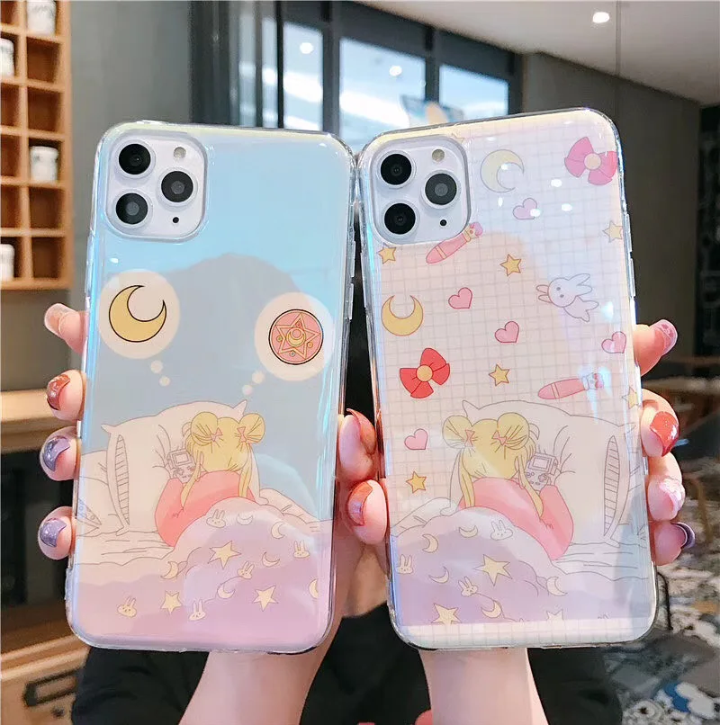 

Kawaii Japanese Anime Sailor Moon Luna Cat Phone Case For iPhone 11 Pro 6 6s 7 8 Puls X Blu-ray Laser Silicone Soft Back Cover