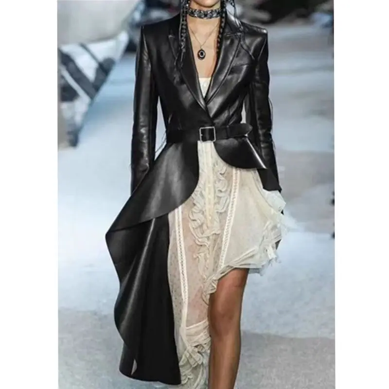 

Autumn Runway PU Leather Women's Trench Lapel Collar Long Sleeve Sashes Irregular Hem black Ruffle Windbreaker Female 2019 New