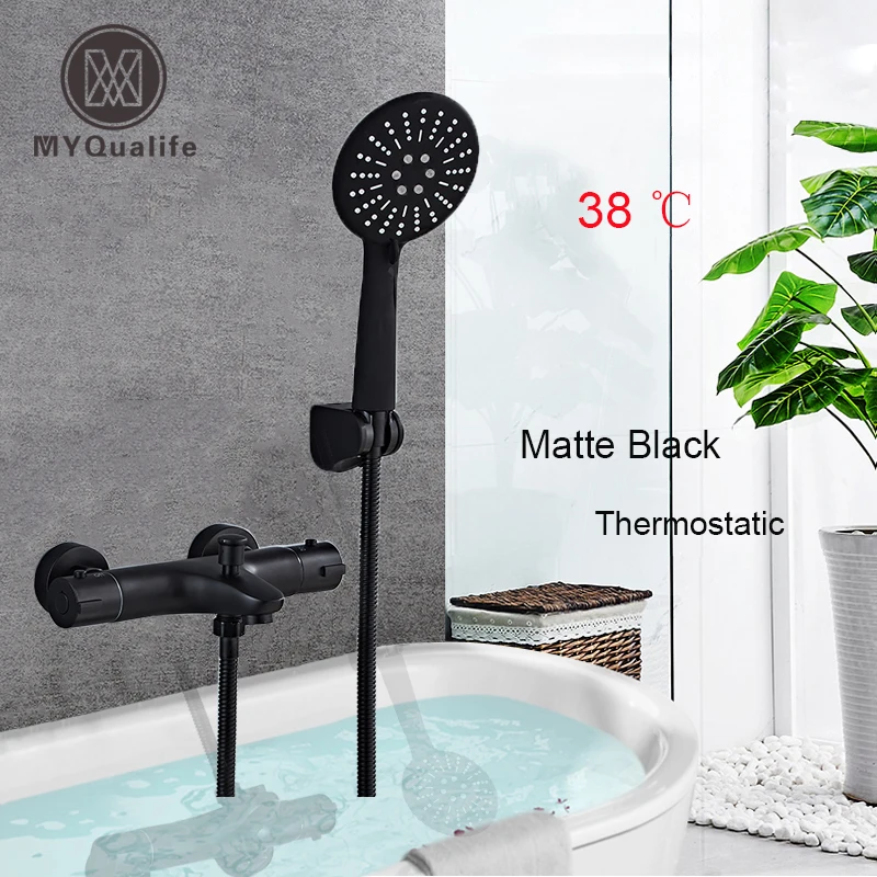 

Black Thermostatic Shower Mixer Faucet Dual Handle Constant Temperature Shower Mixer Tap Handheld Bath Shower Set with Bracket