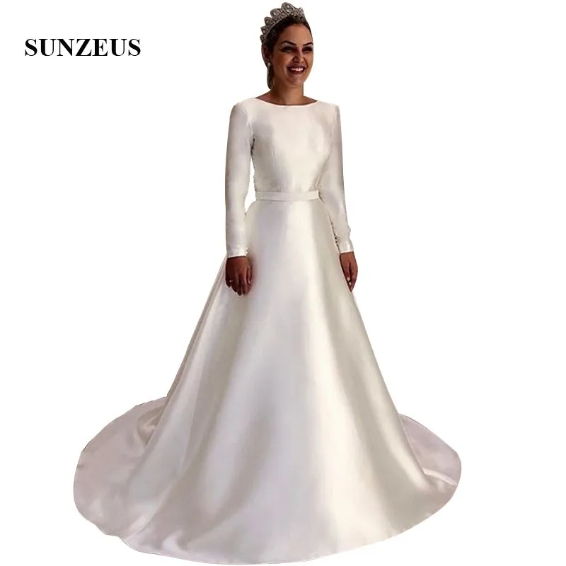 

Elegant Simple Satin Wedding Dress With Long Sleeves A-line Long Ivory Bridal Gowns Low Back Marriage Dress With Bow Sash