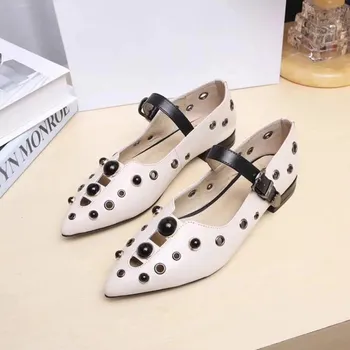 

Spring Casual Flat Shoes Pointed Toe Shoes Woman Fashion Pearl Decor Mary Janes Shoes Buckle Strap Shallow Mouth Single Shoes