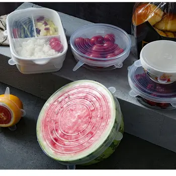 

6 Pcs Reusable Food Packaging Cover Silicon Food Fresh-Keeping Sealing Cap Vacuum Stretch Cap Packaging Kitchen Silicone Cover