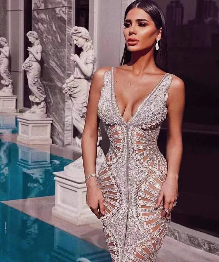 Women Luxury Sexy V Neck Mesh Sequins Studded Maxi