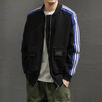 

2020 Spring Korean loose coat male stand-up collar jacket baseball uniform young men large size striped shirt tide male