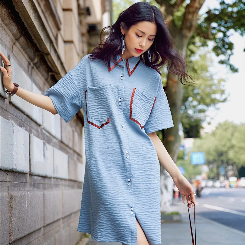 

Women Solid Mini Dress Summer Ladies Elegant Turn-down Collar Buttons Dress 2019 New Sweet Blue Straight Pockets Casual Dress