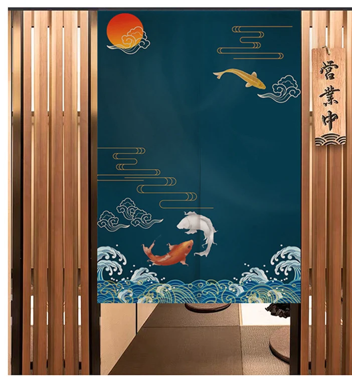 Japanese Doorway Curtain Fengshui Drapes Sushi Shop Decor Ukiyo-E Painted Hanging Half Curtain Short Kitchen Curtain Polyester