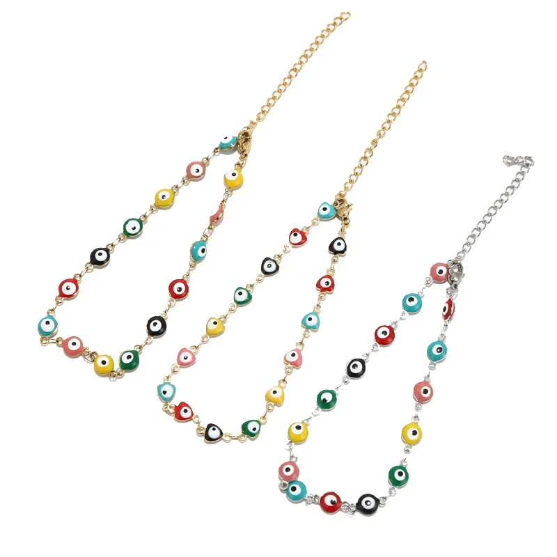 

5pcs Stainless Steel Charm Fashion Round Heart Bracelet Enamel Evil's Eye Chain Bracelets With Extend Chain 20+5cm