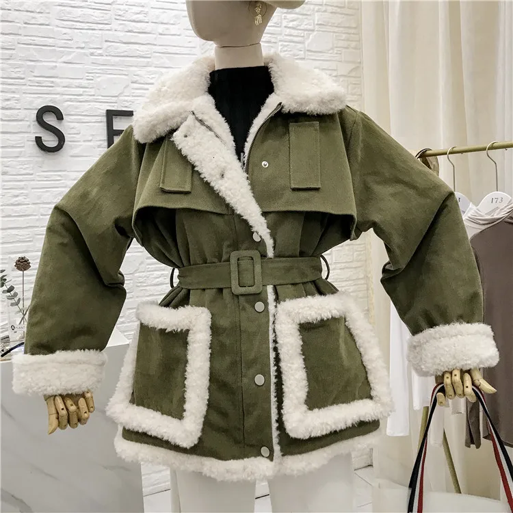 Сафари стиль ягненка утолщение пальто для женщин Harajuku повседневное с длинным рукавом оверсайз высокая Талия пояса парка Винтаж Зеленый Черный Топ - Color: green