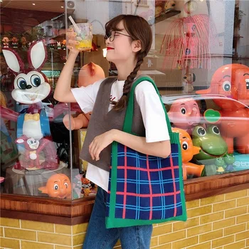 

Women's Plaid Knitting Contrast Color Korean Version Simple College Style Portable Shopping Wool Shoulder Bag Totes Handbag