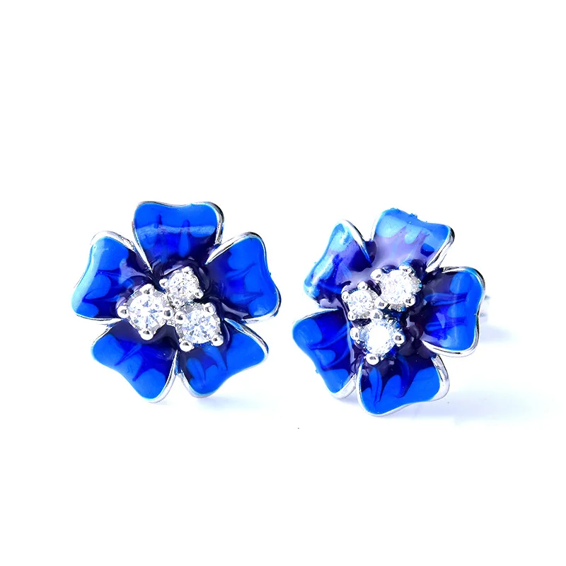 Изящные серьги из серебра 925 в виде лепестков цветов для женщин, элегантные серьги с голубой эмалью и белым цирконием, женские модные ювелирные изделия