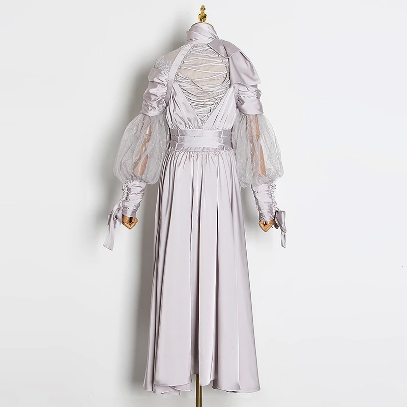 CHICEVER лоскутное точка сетки Ruched платья для женщин водолазка фонарь с длинным рукавом Высокая талия на шнуровке платье женская мода