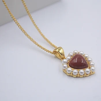 

Sterling S925 Silver Pendant For Women Red Agate Heart Pearl Pendant Chain New Jewelry