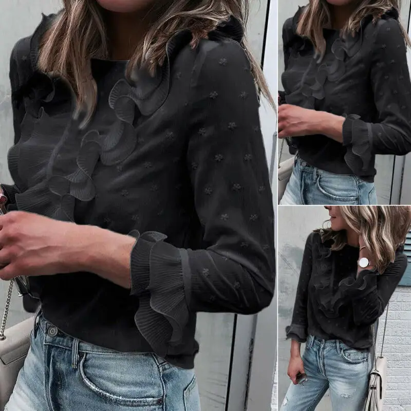 Vintage Women Chiffon Solid Color V-Neck Ruffle Trim Blouse Ladies Casual Long Sleeve Top Shirt Black Loose Female Blusas hot
