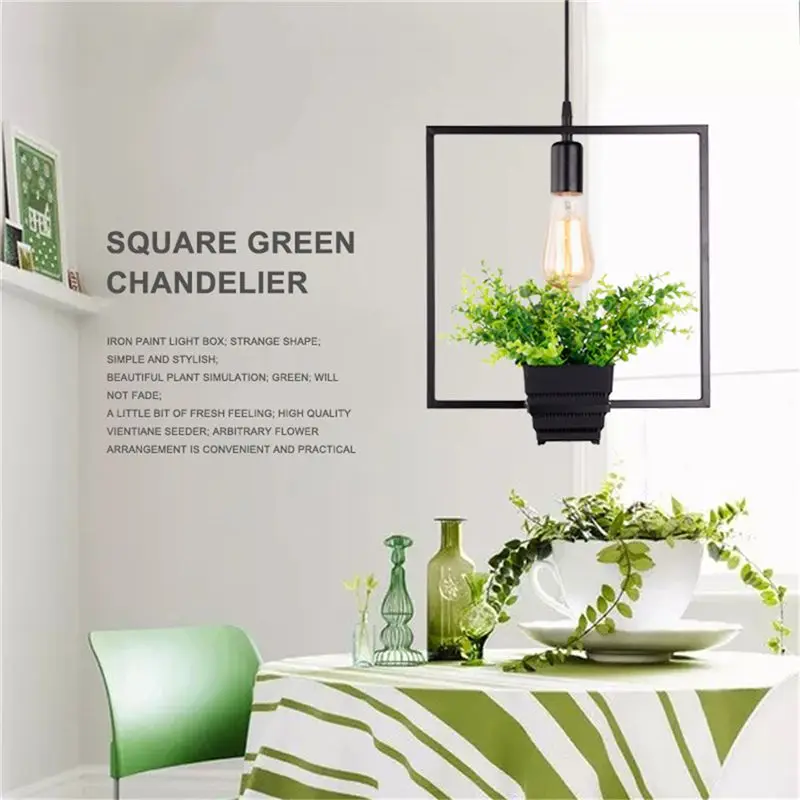 

Black Square Green Plant Hanging Lamp Retro Industrial Wind Creative Personality Chandelier Clothing Shop Cafe Restaurant Light