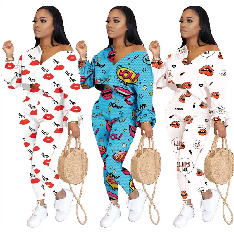 

Women Lip Pattern Printed Two Piece Suit Fall One Shoulder Flare Sleeve Exposed Navel Shirt Top Fashion Elastic Waist Long Pants
