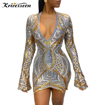 

Kricesseen Sexy Gold Sequined Long Sleeve Slim Mini Dress Women Spring New V Neck Bodycon Birthdays Party Clubwear Dresses