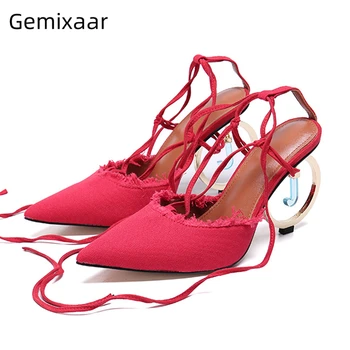

Summer Unique Strange Heels Sandals Women Point Toe Sandalia Feminina Holiday Shoes Ankle Wrap Metal Circle Heel Sandals