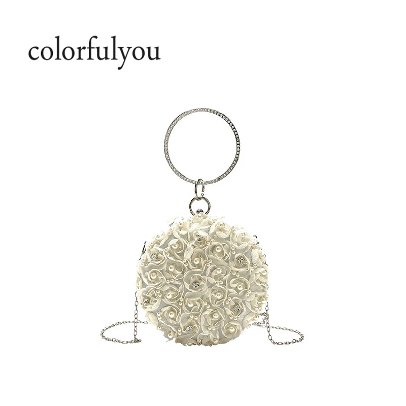 

2019 autumn new women handbag with Ring handle Small Round Crossbody Bag flower shoulder bag for women diamond dinner party bag
