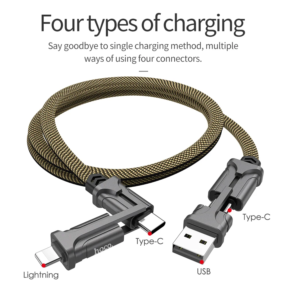 Кабель USB Type C HOCO 4 в 1 металлический кабель для быстрой зарядки PD 60 Вт провод Samsung