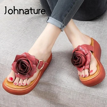 

Johnature Summer Women Slippers 2020 New Flip Flops Genuine Leather Wedges Women Shoes Flower Concise Leisure Ladies Slippers