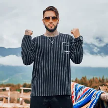 21 Autumn New Fashion Large Men's Round Neck Loose Casual Pullover Long Sleeve Hoodless T-Shirt Large Stripe Long Sleeve T-shirt
