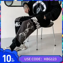 

Horror Alien Cargo Pants Hip Hop Letter Print Black Sweatpant Streetwear Men Autumn Tied Feet High Waist Cotton Baggy Trousers