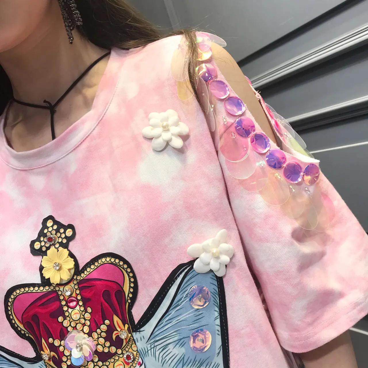 Kawaii, расшитые блестками топы с котом, женская розовая Повседневная футболка с коротким рукавом и круглым вырезом, женская летняя футболка для отдыха, женская футболка с открытым плечом, SA340S30