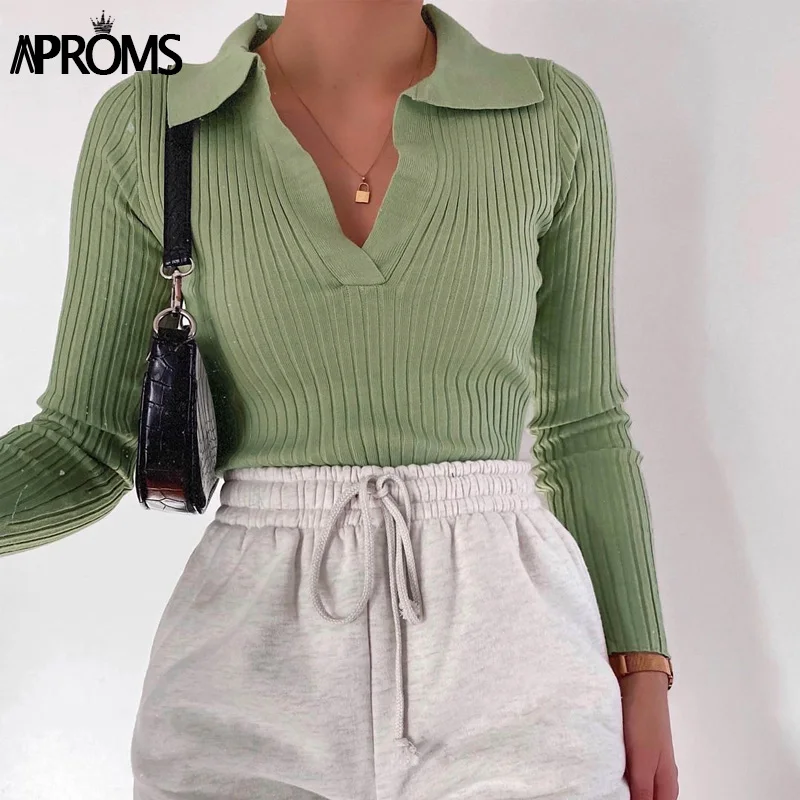 Sweaters Women Pullovers Jumpers Aproms Stretch V-Neck Ribbed Knitted Bodycon Long-Sleeve